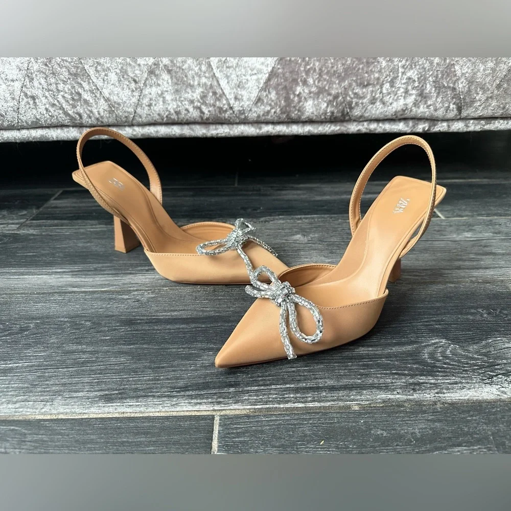 NWOT Zara Bow Slingback Neutral Heels Size 40 - Picture 3 of 15
